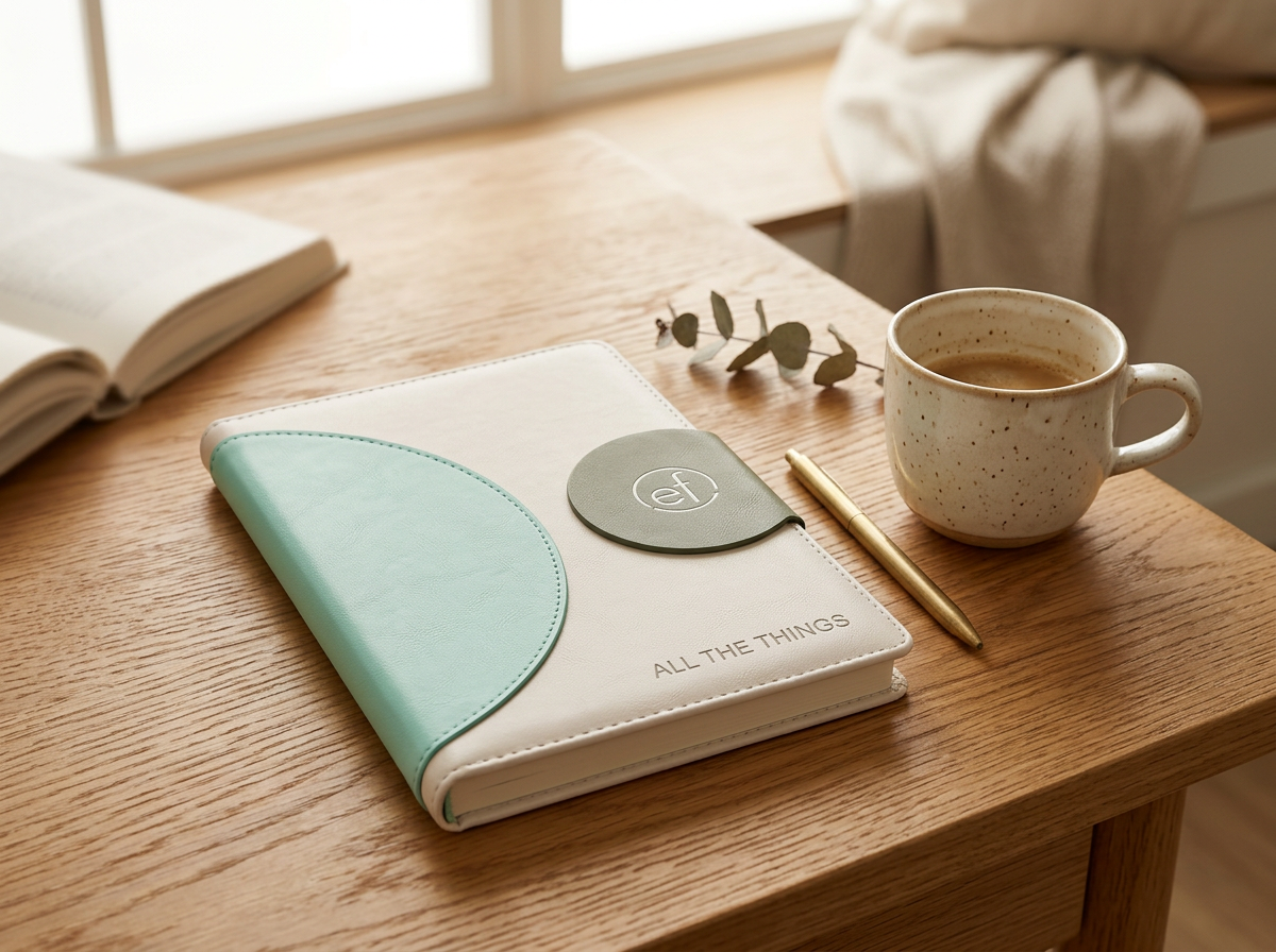 A premium journal resting on a warm wooden desk beside a ceramic cup.