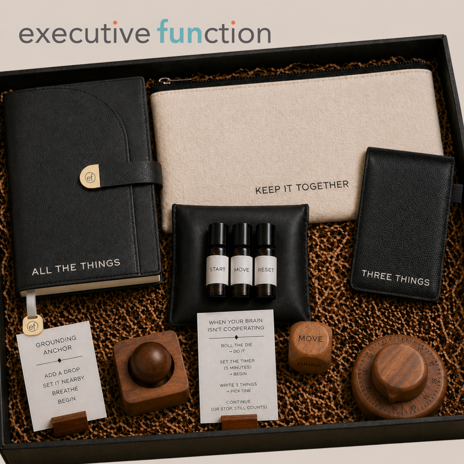 The Executive Function Kit: journal, inserts, and tools.